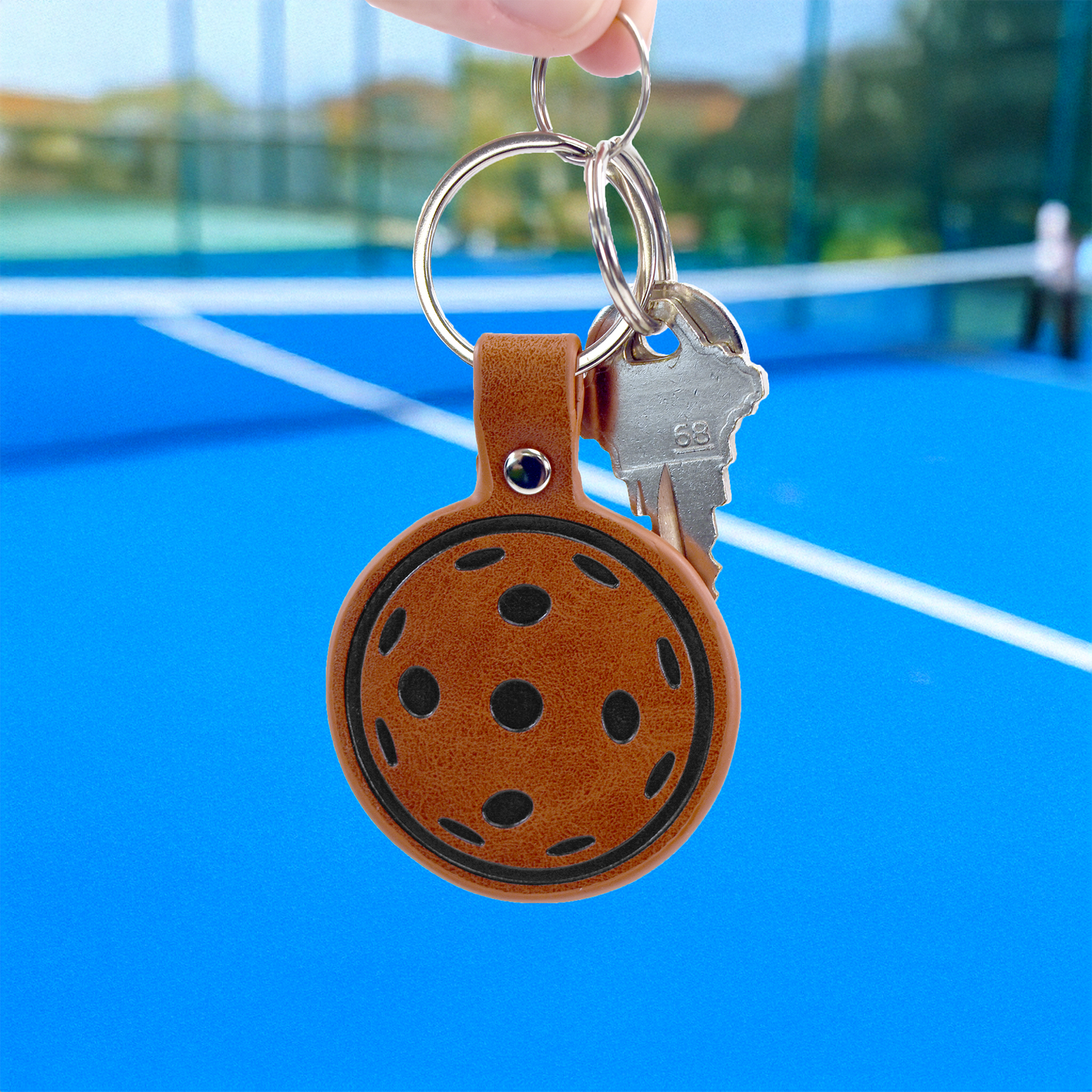 Leather Pickleball Keychain - Brown