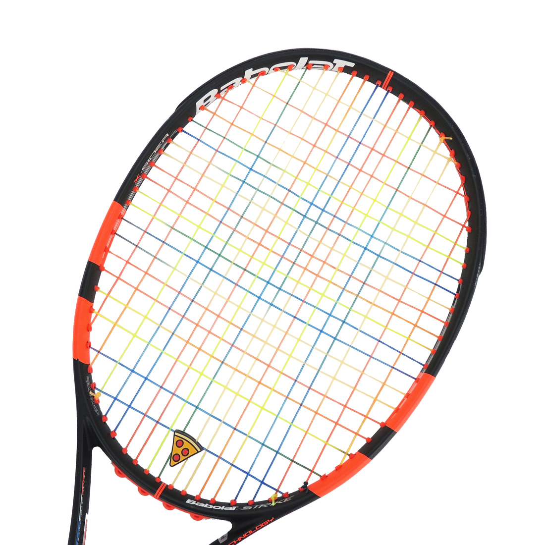 Tennis racquet strung with rainbow tennis racquet string — colorful multi-color restring option