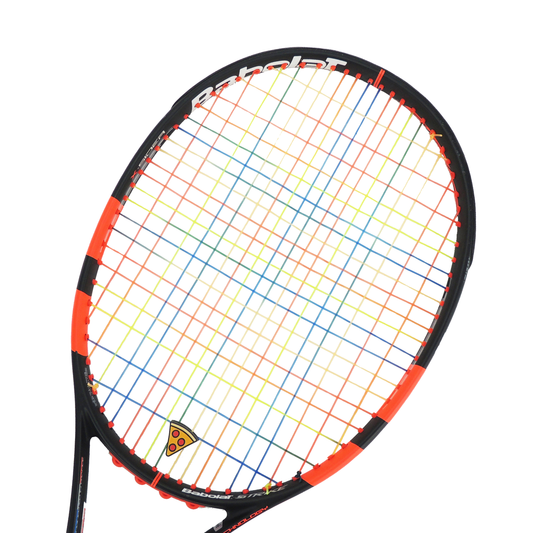Tennis racquet strung with rainbow tennis racquet string — colorful multi-color restring option