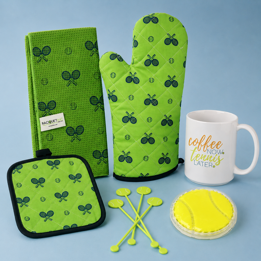 tennis lover's kitchen gift set in grass court green — six-piece tennis kitchen bundle gift