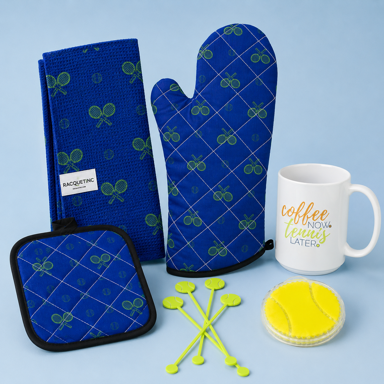 tennis lover's kitchen gift set in night match blue — six-piece tennis kitchen bundle gift