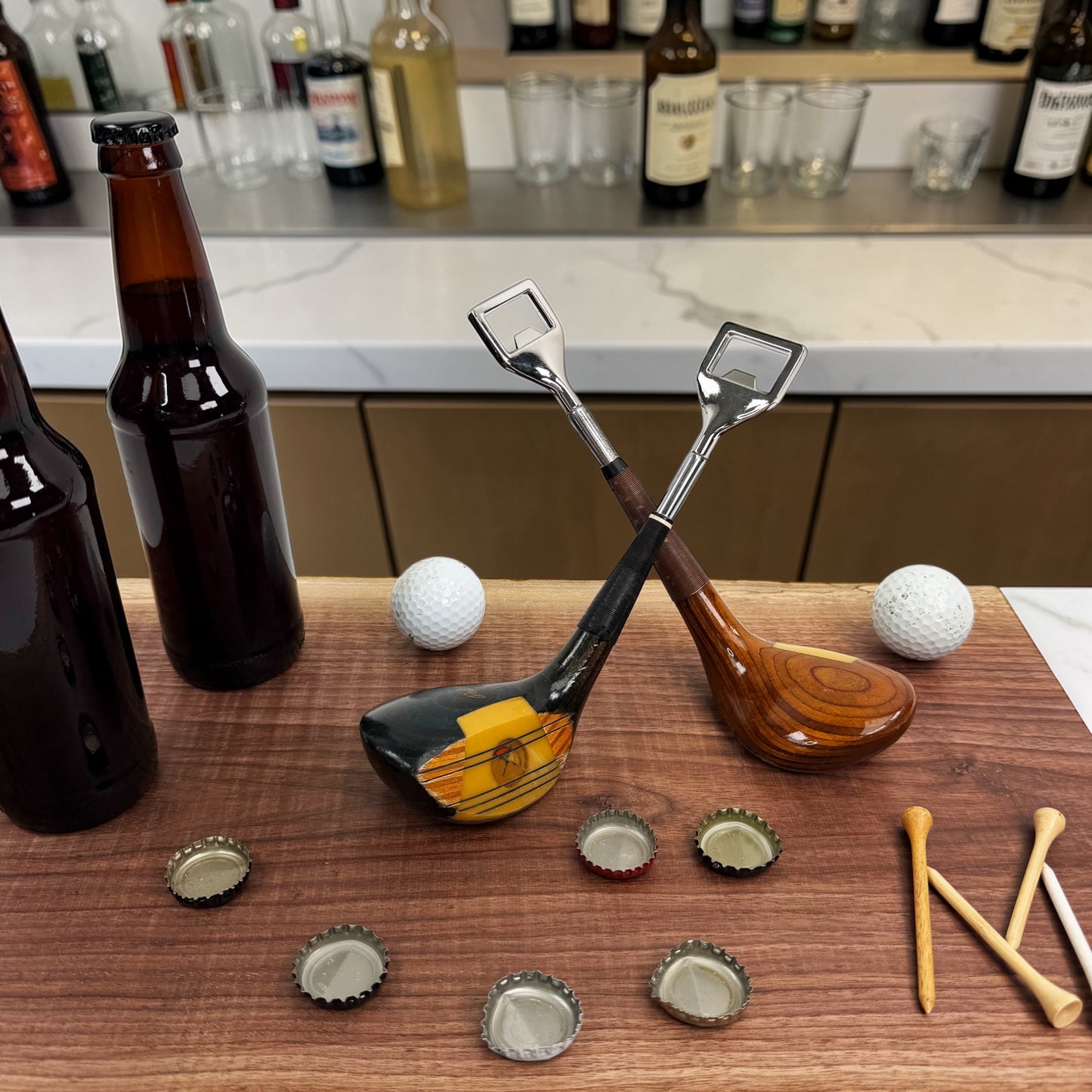 Upcycled golf club beer bottle opener on a wood bar — one-of-a-kind golf gift for him