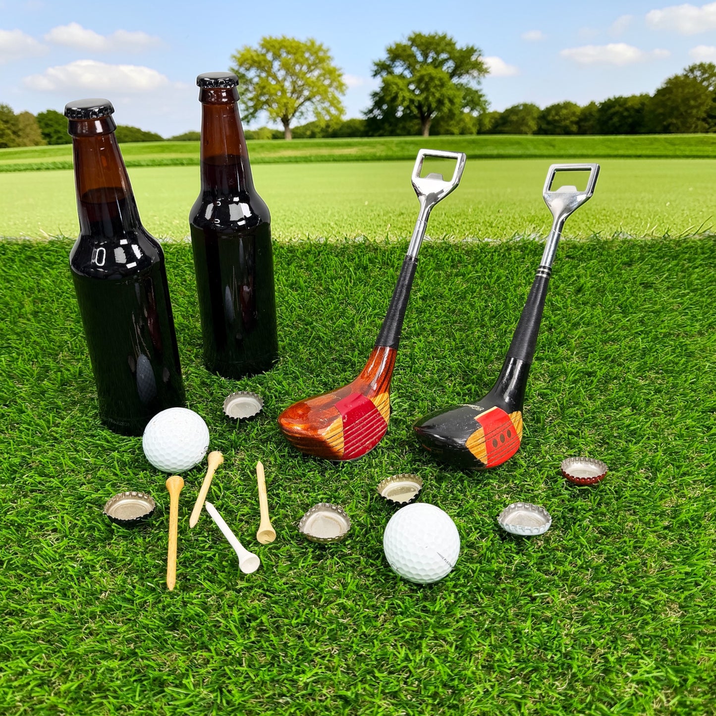 Handmade antique golf club bottle opener — close-up of the vintage shaft and stainless steel opener